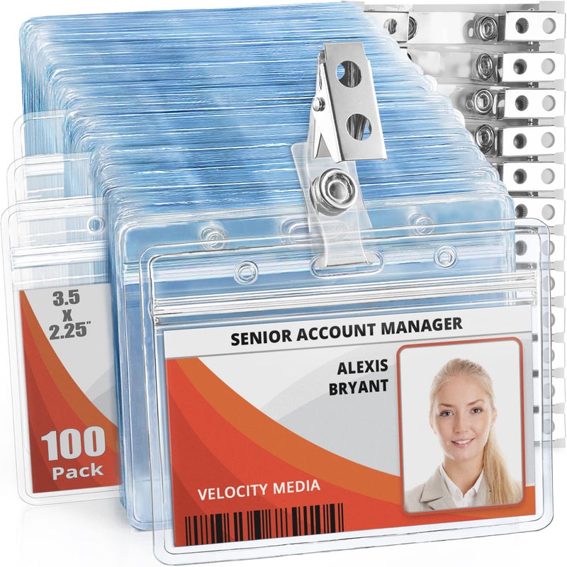 Mifflin-USA Horizontal Plastic Card Holder with Metal Clip and Vinyl Straps (Clear, 3.5x2.25 Inch, 100 Pack), Waterproof PVC ID Name Badge Holder with Clip - Image 1